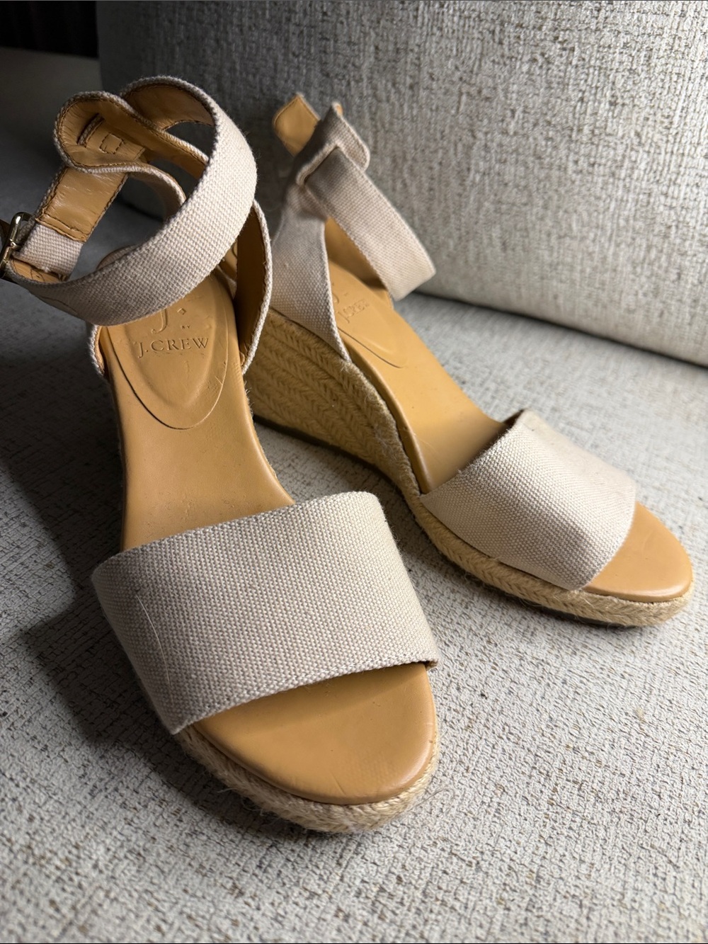 J. Crew Natural Canvas Espadrille Ankle-Strap Wedges